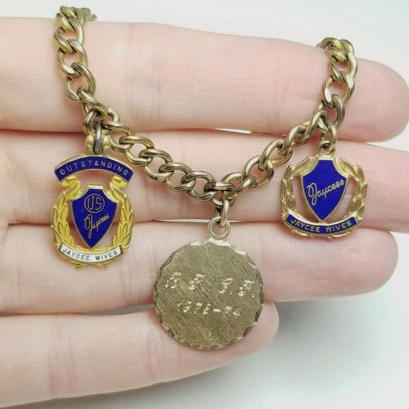 Vintage Jaycees Gold Filled Blue Enamel Charm Bracelet, 1960s Engraved, Estate - Picture 9 of 10